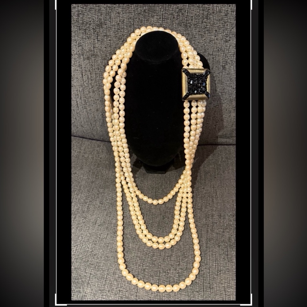 Vintage Four Strands Cream Faux Pearl Necklace W/ Black Beaded Pendant